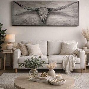 Western Longhorn Skull Canvas Art – Framed Neutral Wall Decor Large
